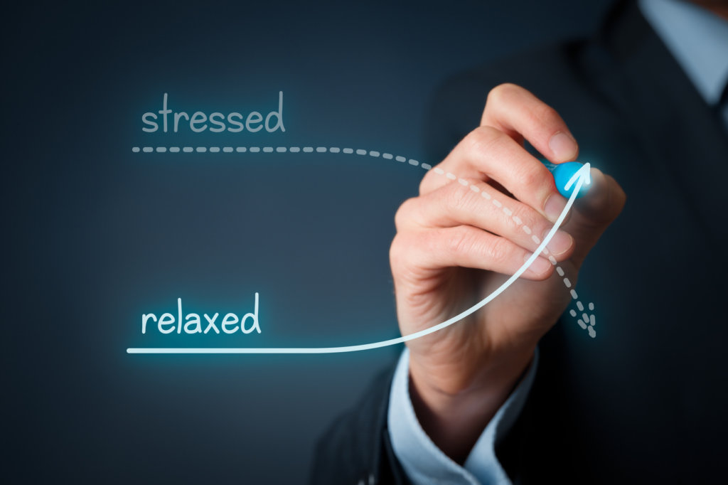 Stressed versus relaxed concept. Businessman plan to decrease his stress and increase his peace. Work-life balance, burnout prevention and mental healthcare concepts.