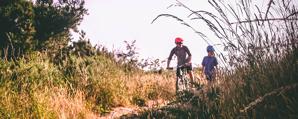 Father and son biking outdoors in tall grass