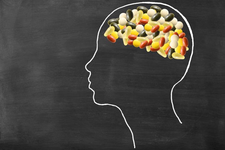 Human brain filled with prescription opioids